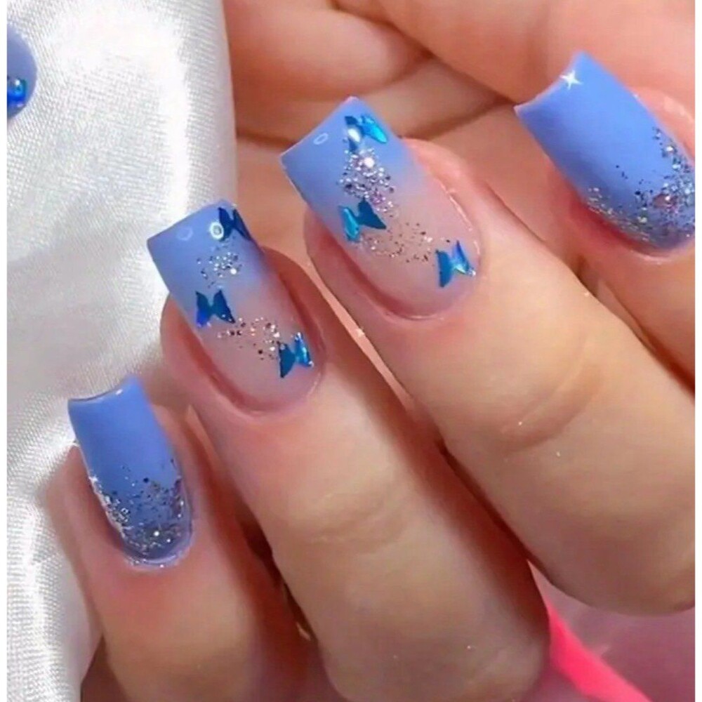 Fluttering Elegance: 24pcs Blue Butterfly Press On Nails